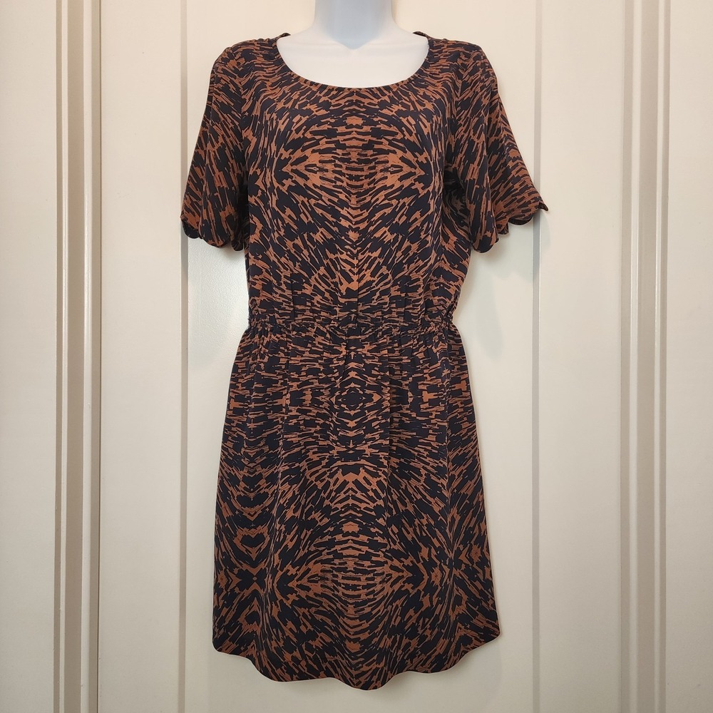 Broadway & Broome Madewell Silk Dress 4 Navy Rust Ikat Scallop Cutout‎ Art Boho